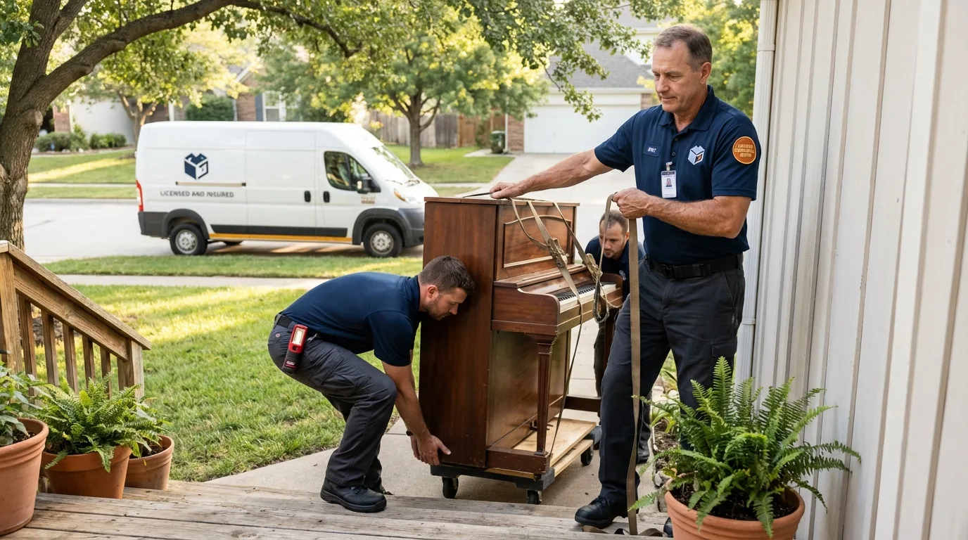 Licensed piano movers securing grand piano in Pascagoula, MS
