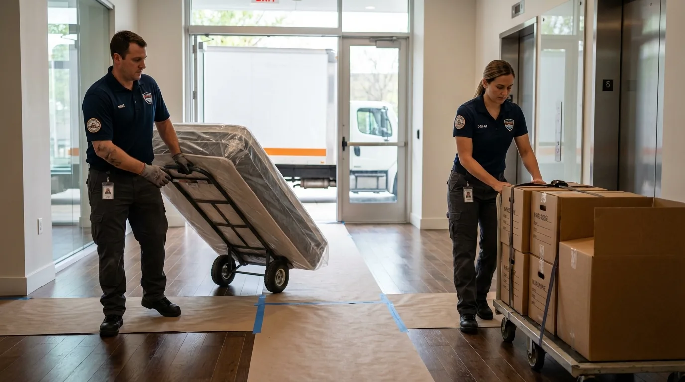Professional apartment movers loading elevator in Pascagoula, MS
